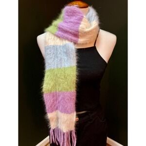 Cozy Angora Rabbit Hair Blend Striped Scarf with Fringe
